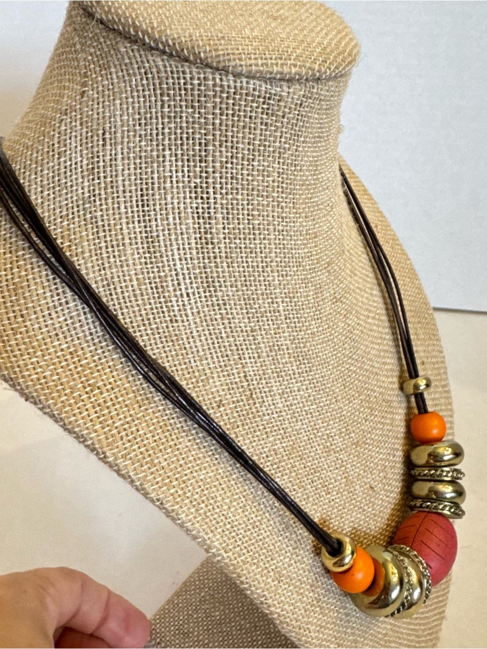 Chico's Necklace Orange Gold Beaded Chunky Leather Multi Stand Statement Jewelry - Picture 9 of 15
